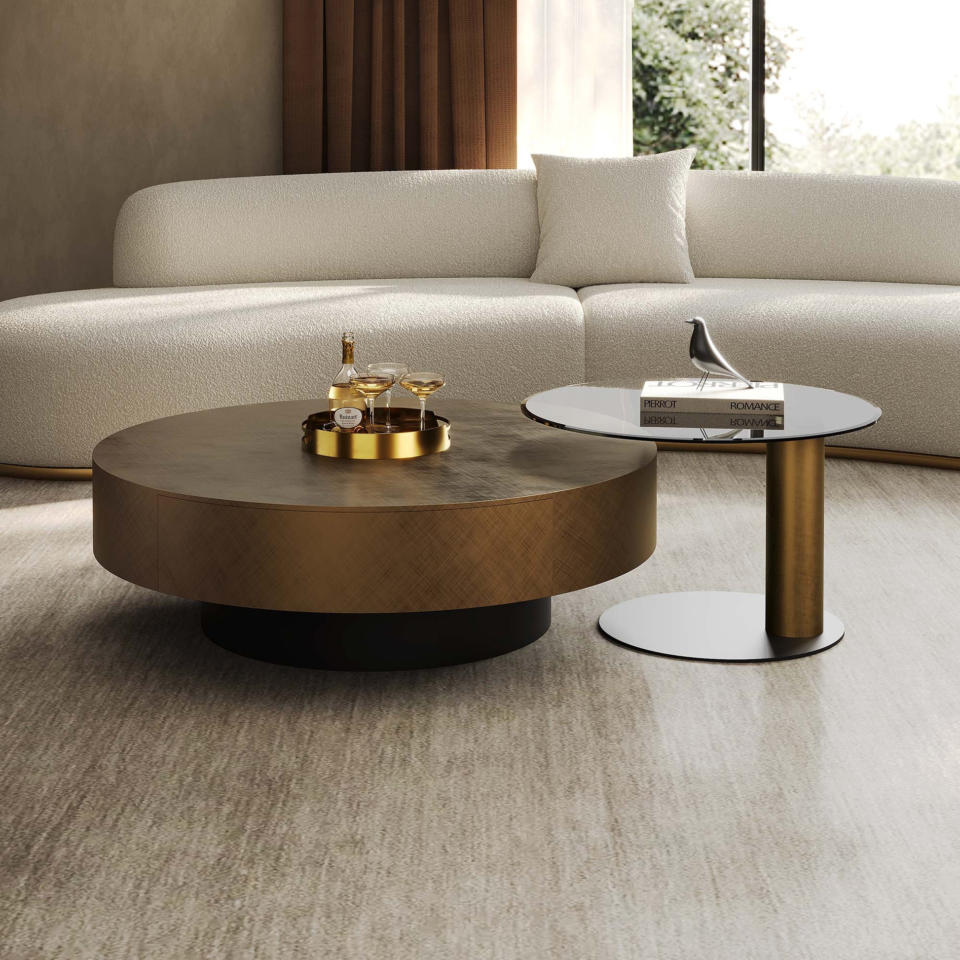 35" Brown Coffee Table with Glass Side Table