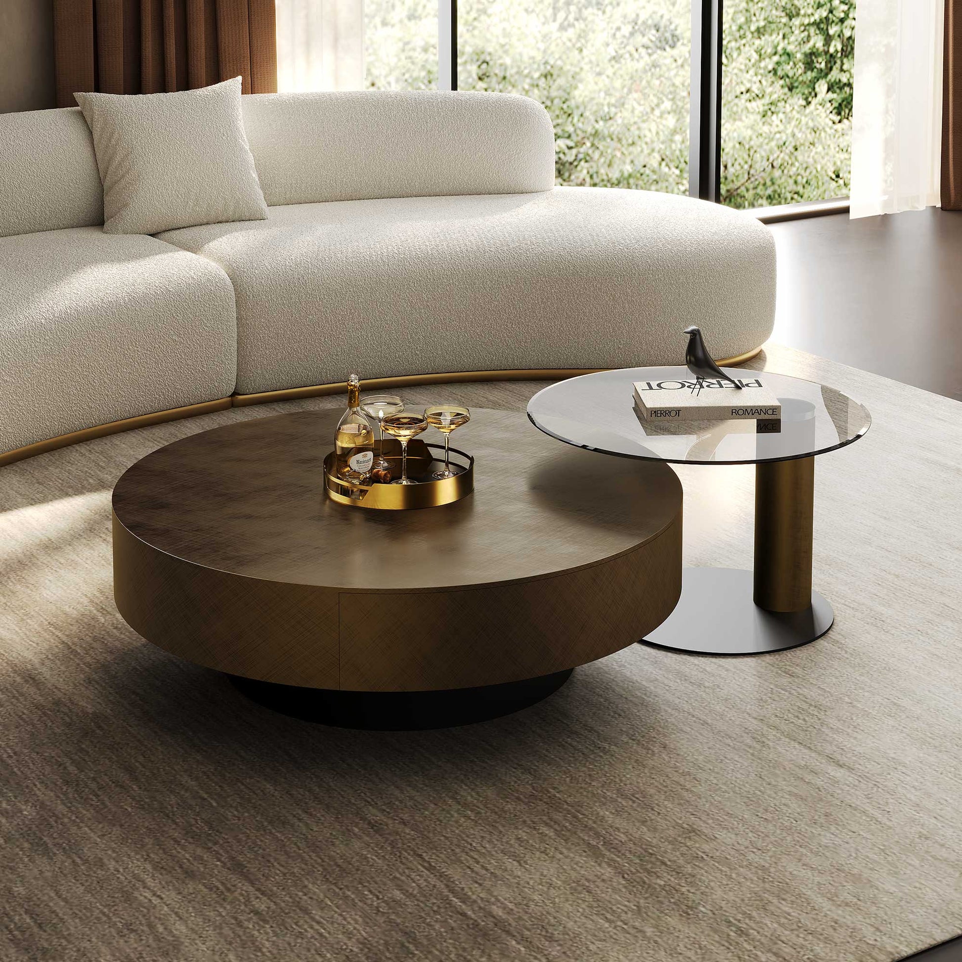 35" Brown Coffee Table with Glass Side Table
