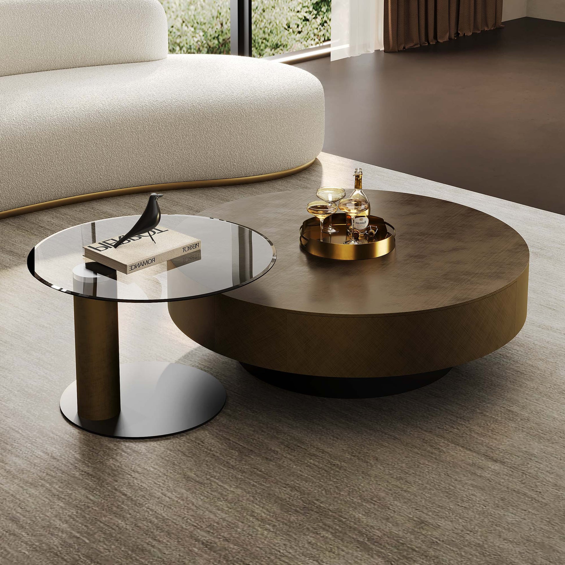 35" Brown Coffee Table with Glass Side Table