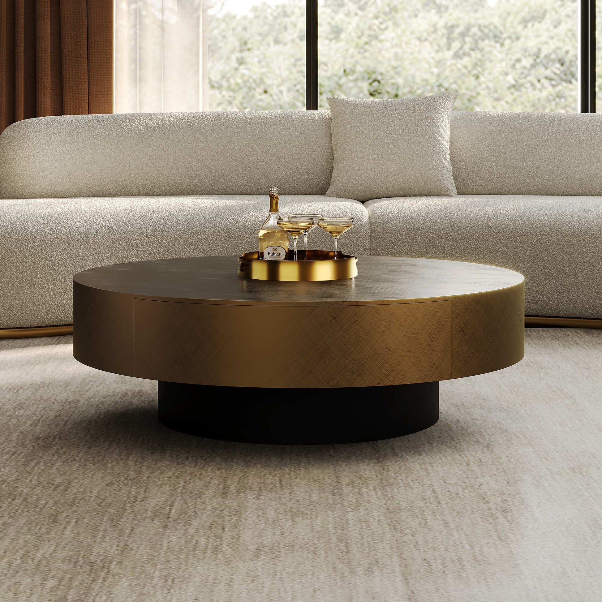 35" Brown Coffee Table with Glass Side Table