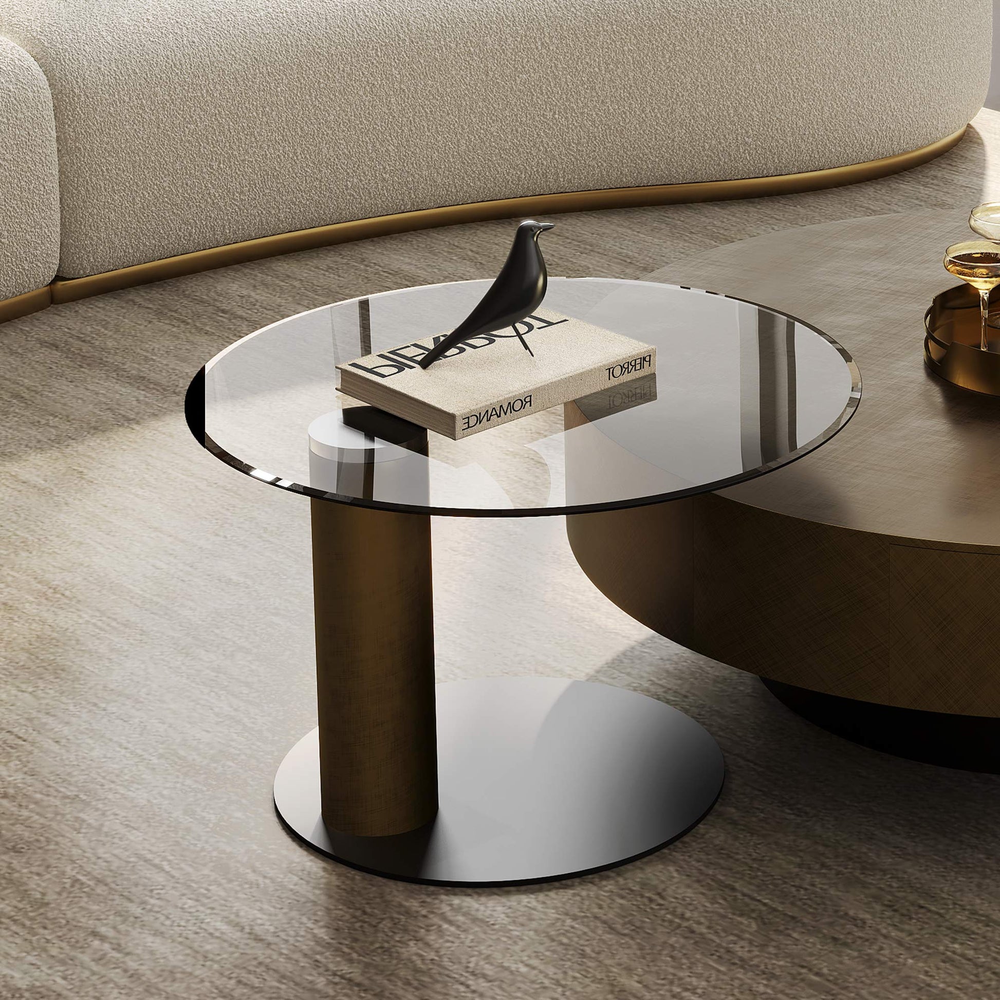 35" Brown Coffee Table with Glass Side Table
