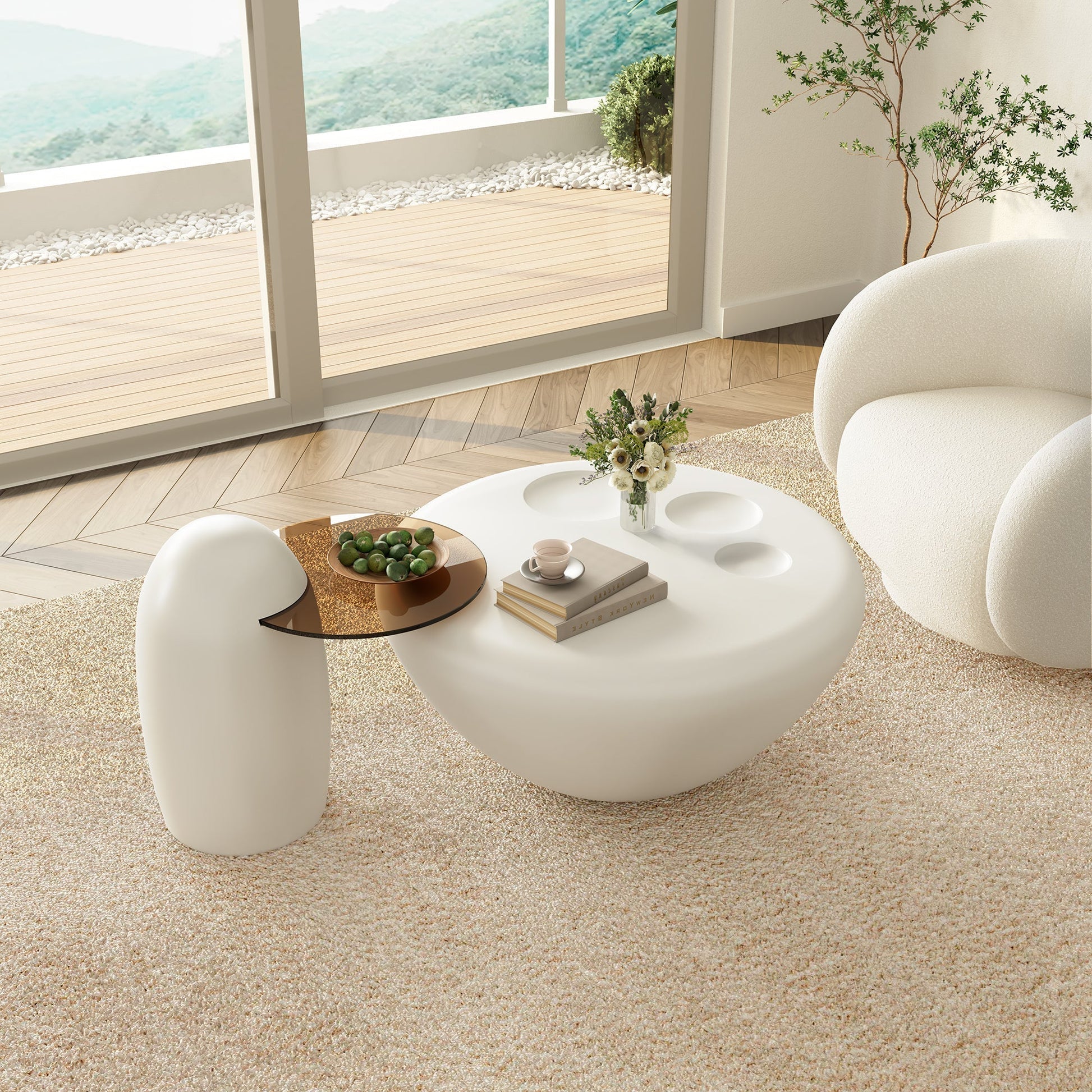 33" White Cat Claw Round Coffee Table With Penguin Side Table Set