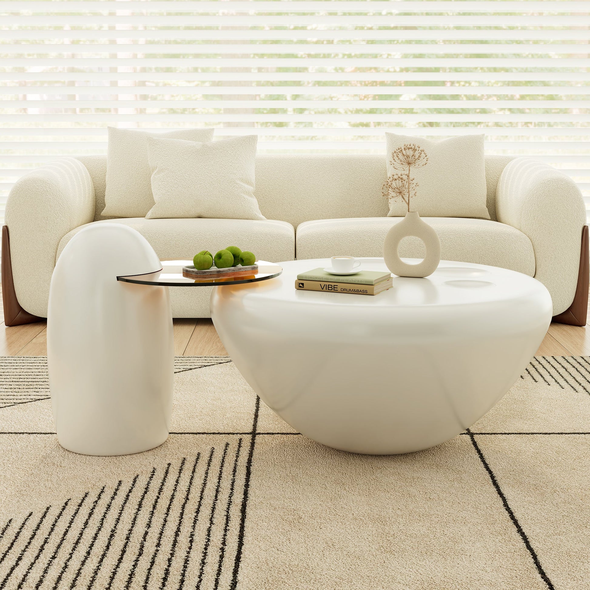 33" White Cat Claw Round Coffee Table With Penguin Side Table Set