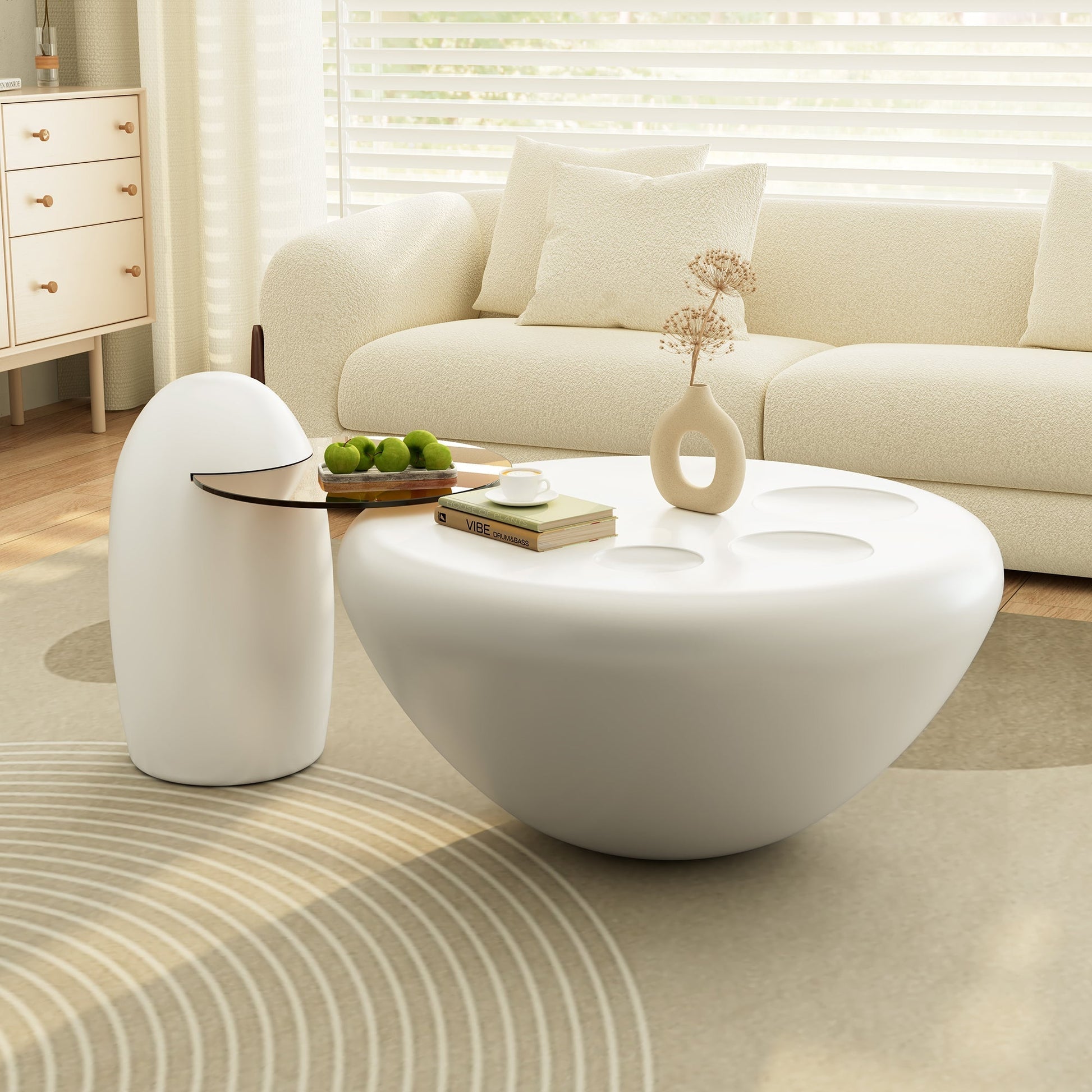 33" White Cat Claw Round Coffee Table With Penguin Side Table Set