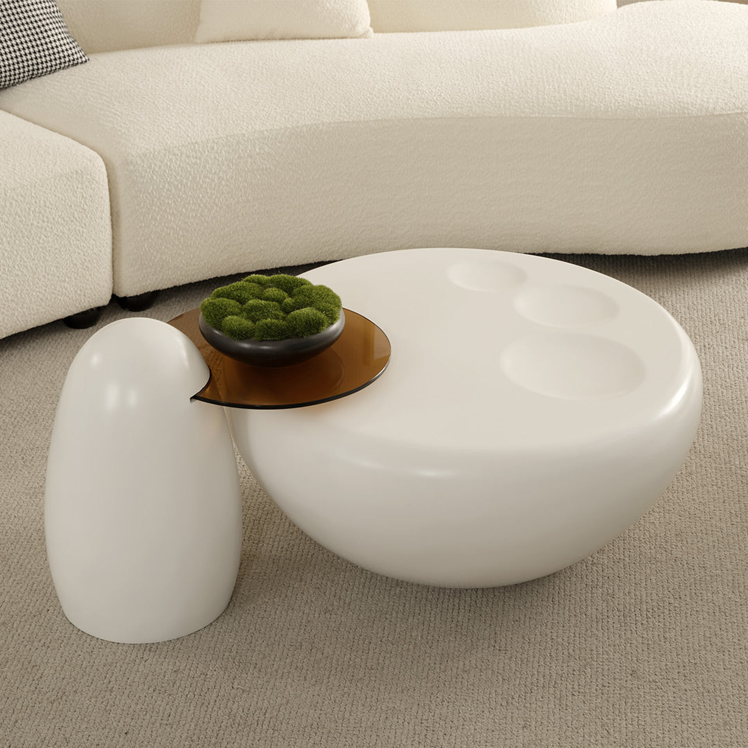 33" White Cat Claw Round Coffee Table With Penguin Side Table Set