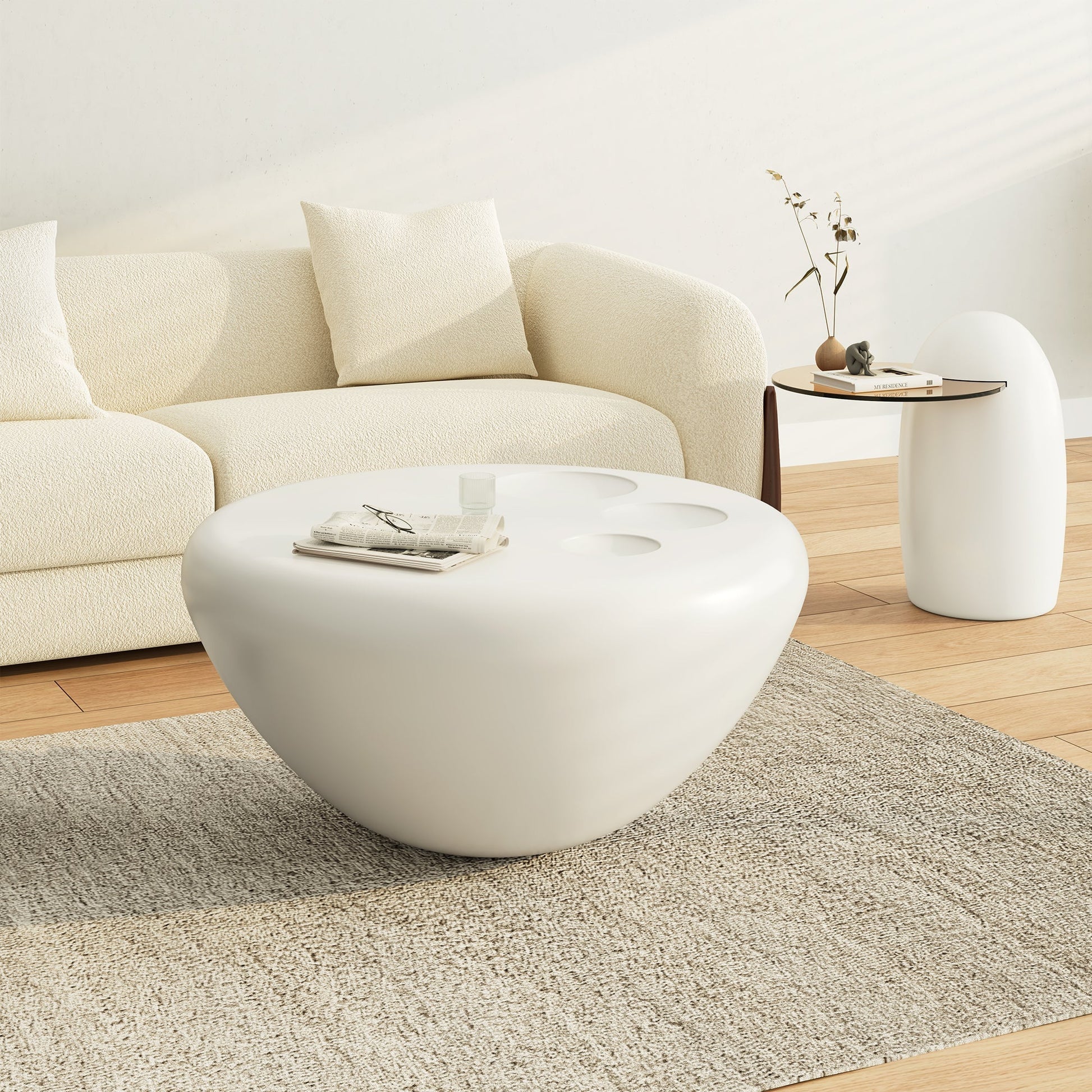 33" White Cat Claw Round Coffee Table With Penguin Side Table Set