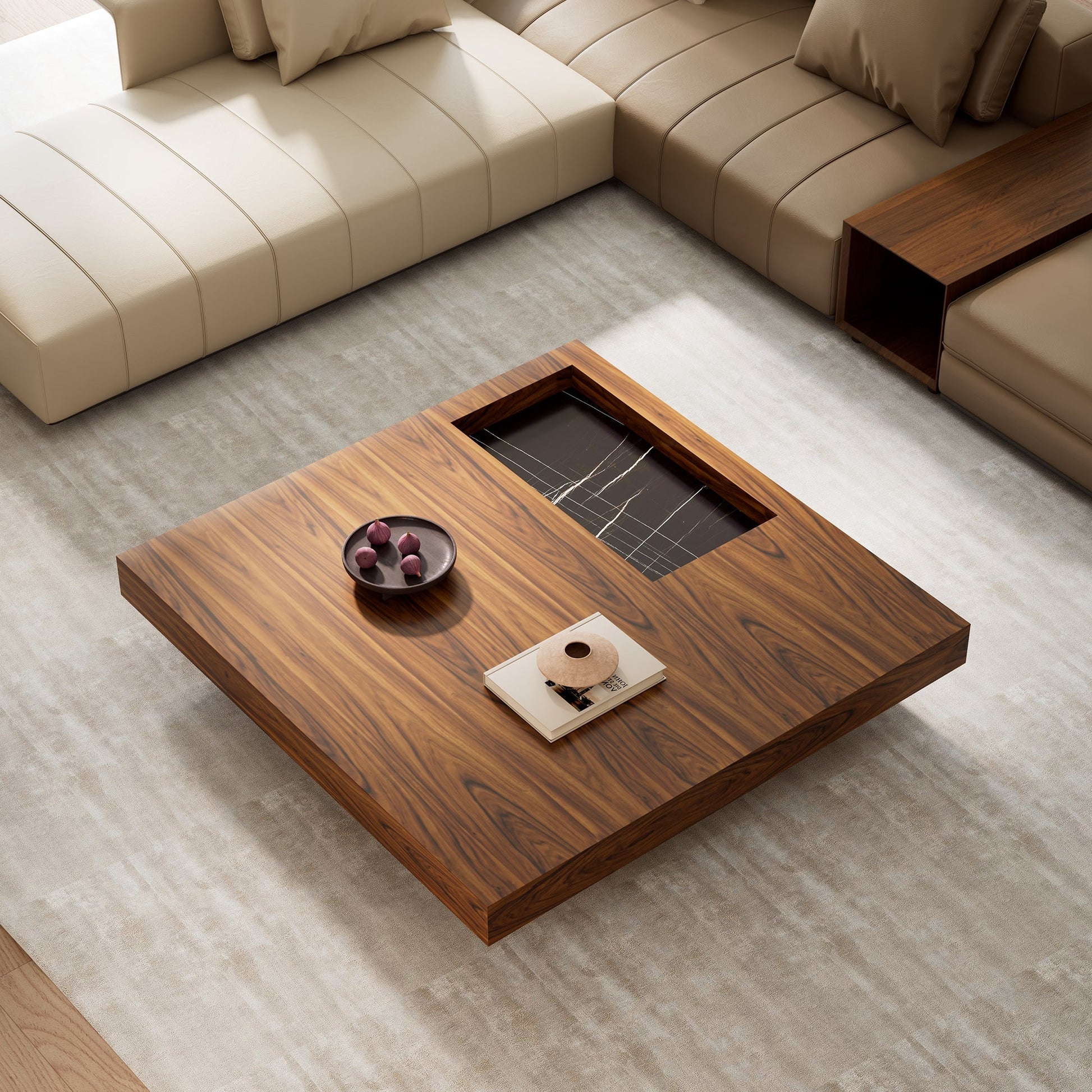 47" Square Solid-Wood Coffee Table with Sunken Small Desktop