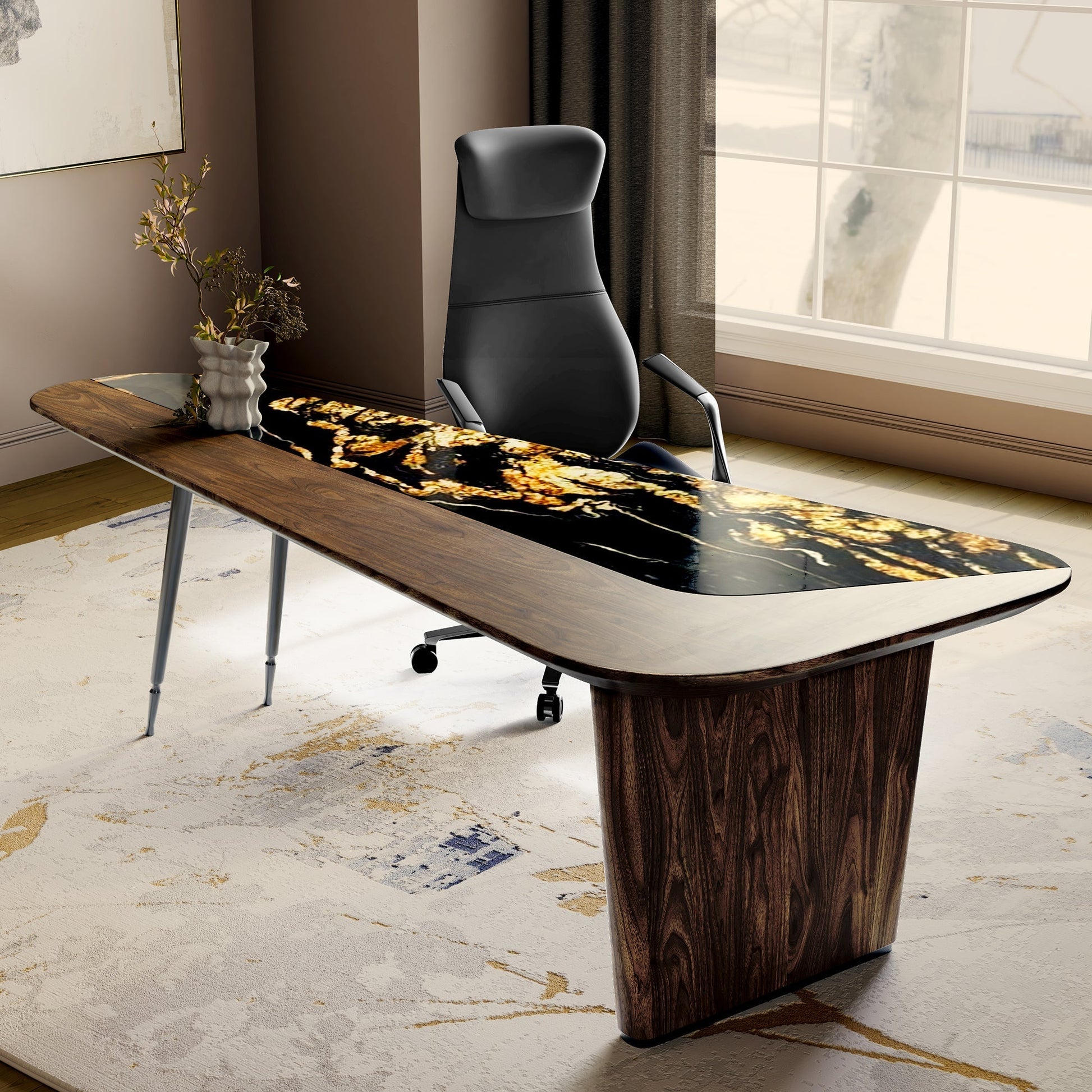 Magma, 86'' Natural Marble & Wood Top Office Desk