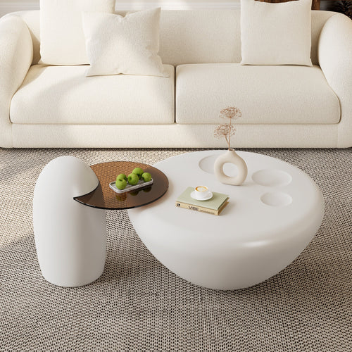 33" White Cat Claw Round Coffee Table With Penguin Side Table Set