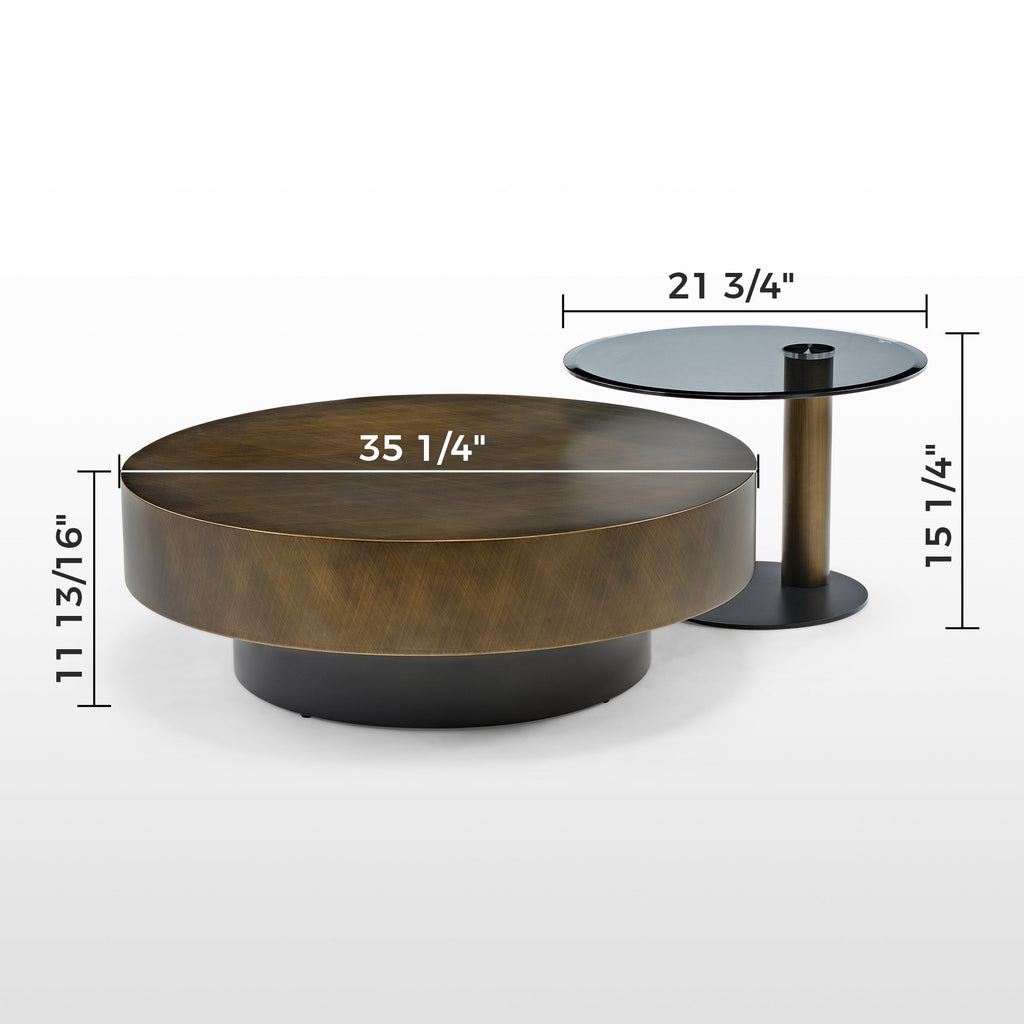 35" Brown Coffee Table with Glass Side Table