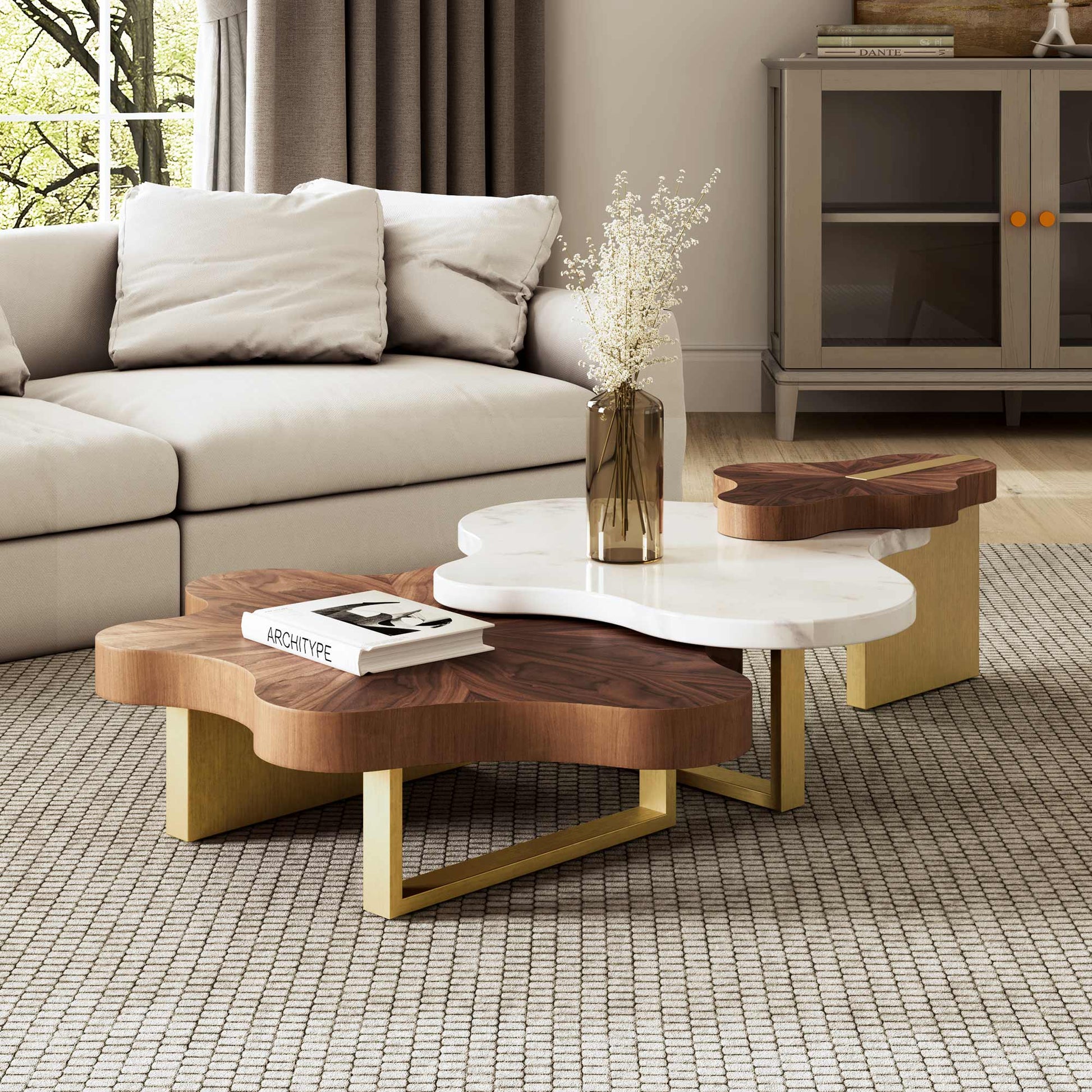 63" Cloud Shape Solid Wood Coffee Table Set