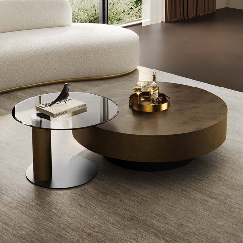 35" Brown Coffee Table with Glass Side Table