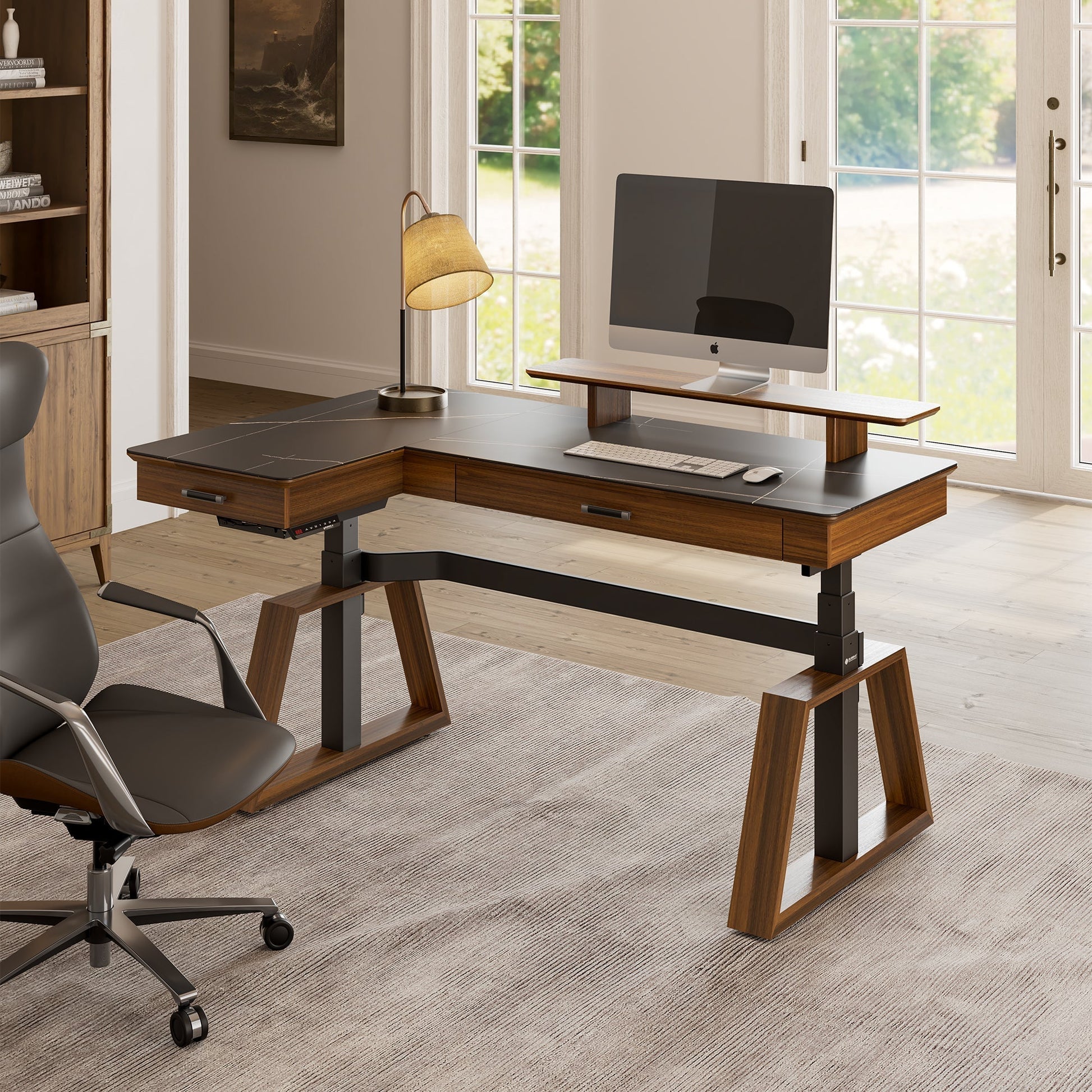 Ark L60, 63x23 L Shaped Executive Slate Standing Desk with Two-Drawer