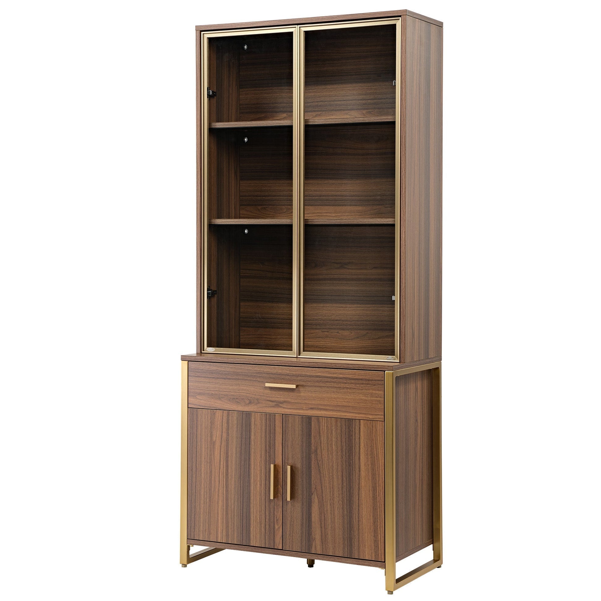 77'' Display Bookshelf with Glass Door and Storage Cabinets, Walnut