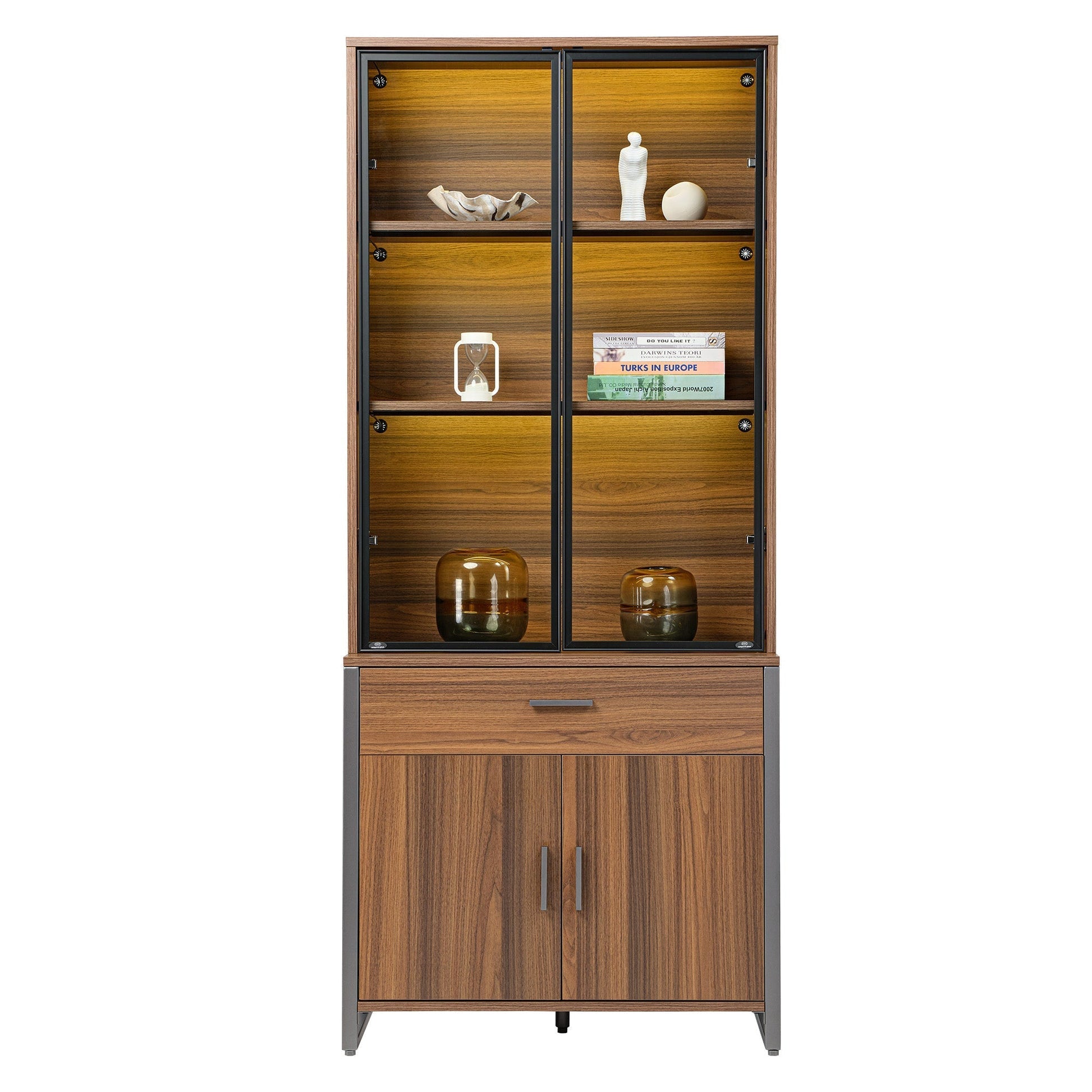 77'' Display Bookshelf with Glass Door and Storage Cabinets, Walnut