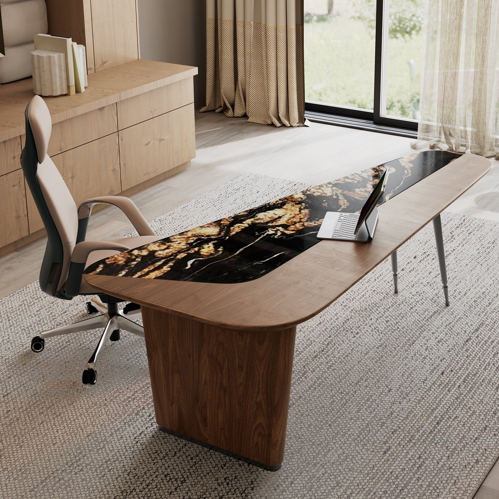 Magma, 86'' Natural Marble & Wood Top Office Desk