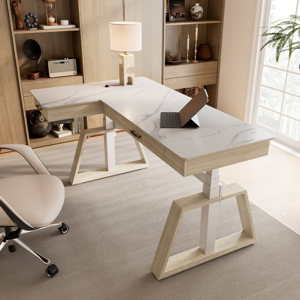 Ark L60, 63x23 L Shaped Executive Slate Standing Desk with Two-Drawer