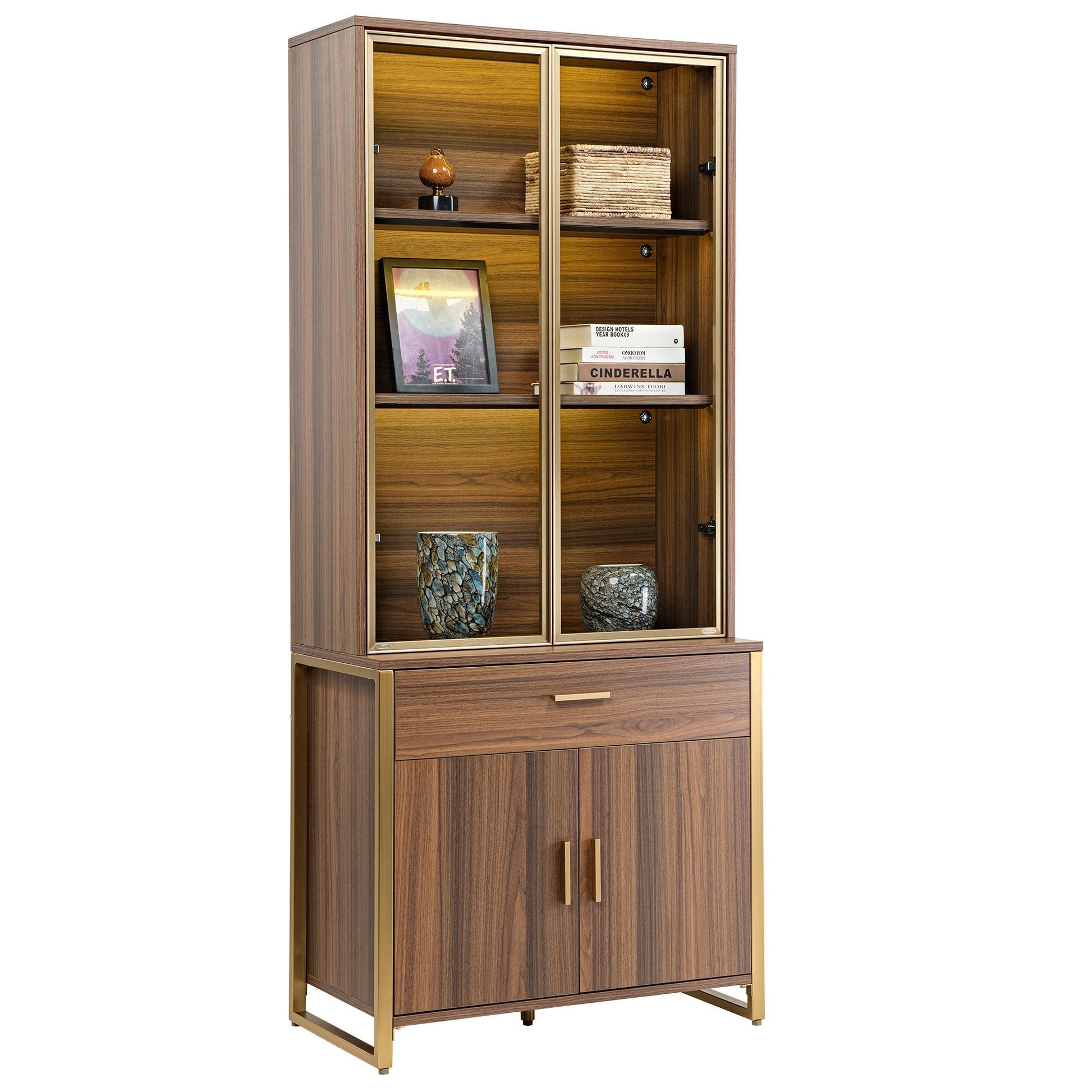 77'' Display Bookshelf with Glass Door and Storage Cabinets, Walnut