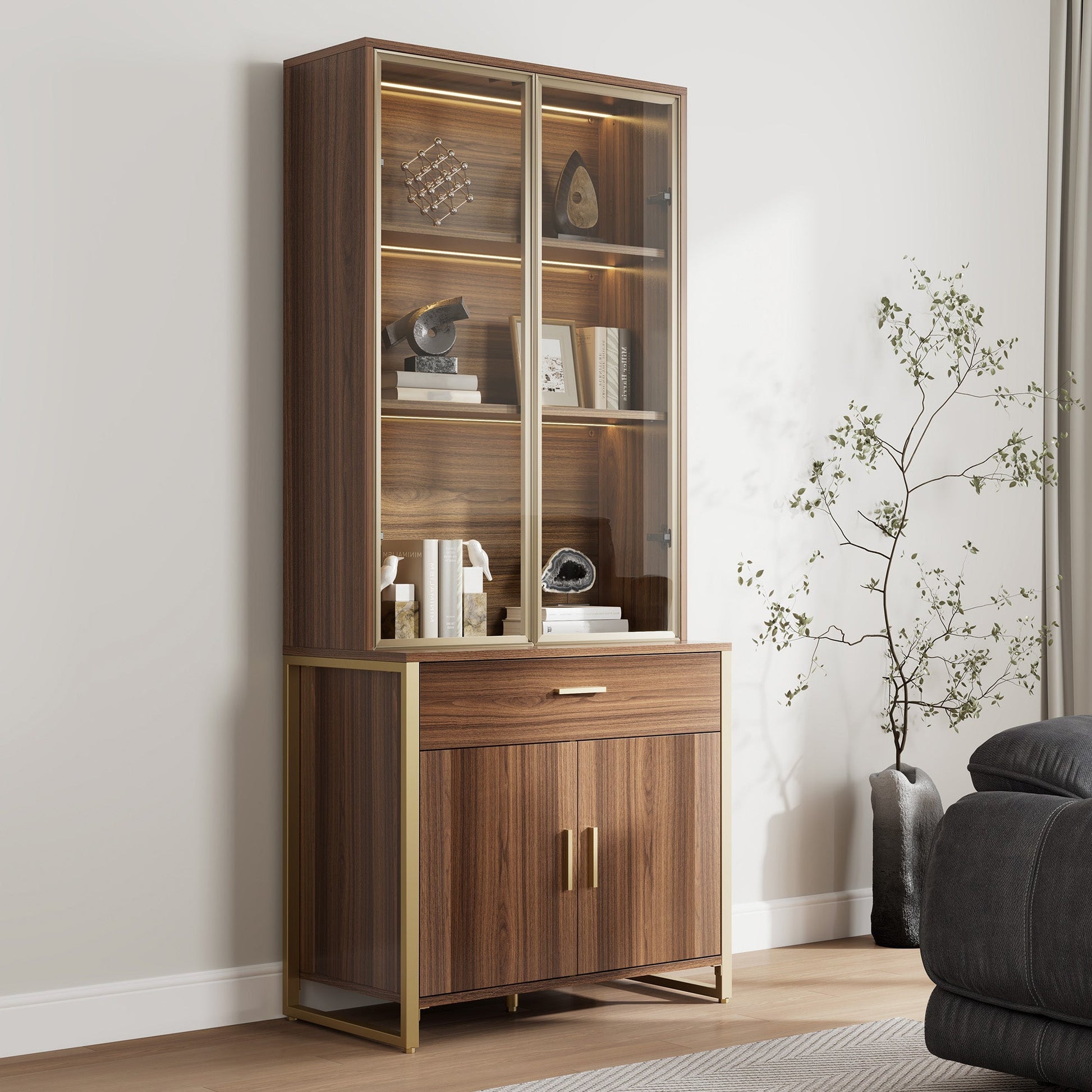 77'' Display Bookshelf with Glass Door and Storage Cabinets, Walnut