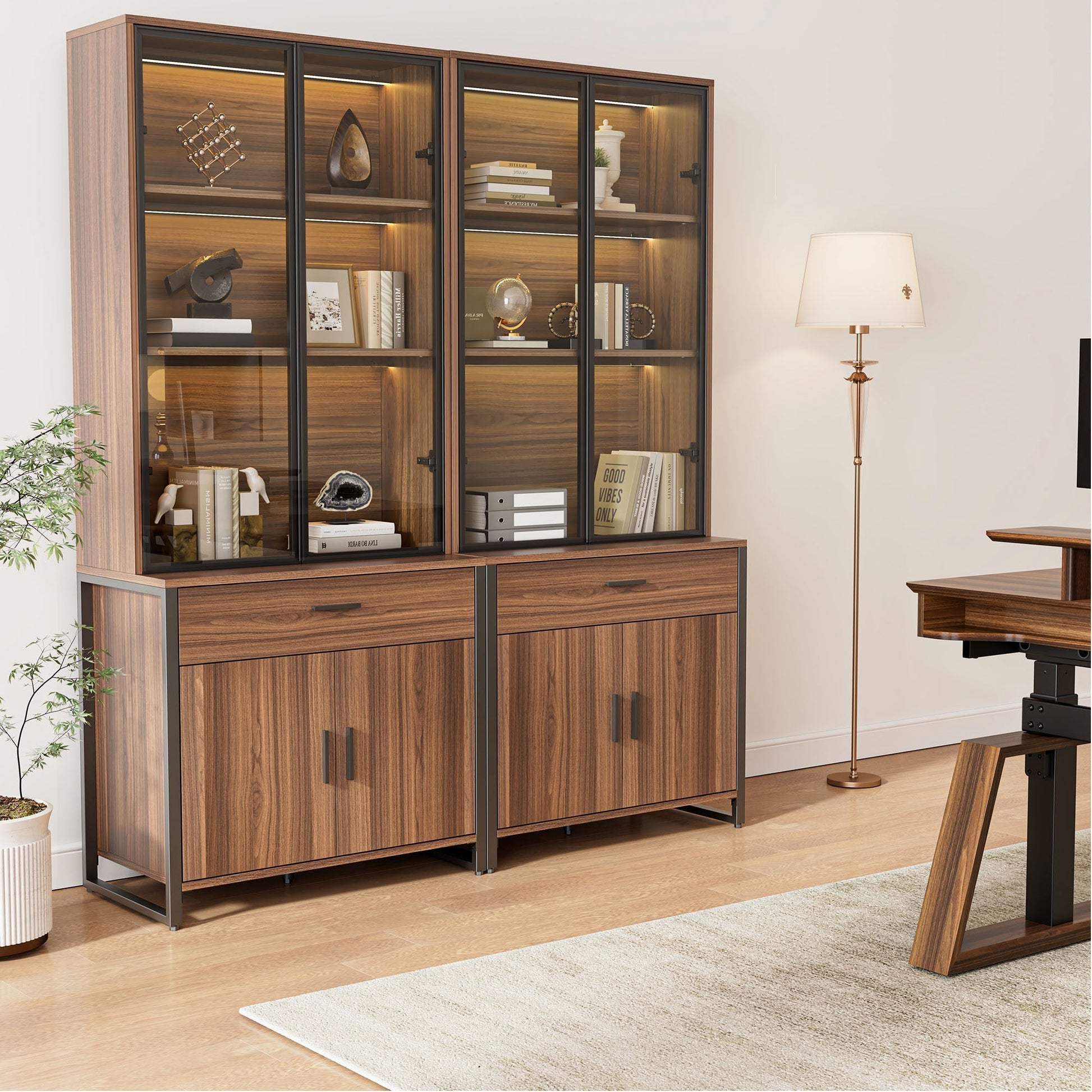 77'' Display Bookshelf with Glass Door and Storage Cabinets, Walnut