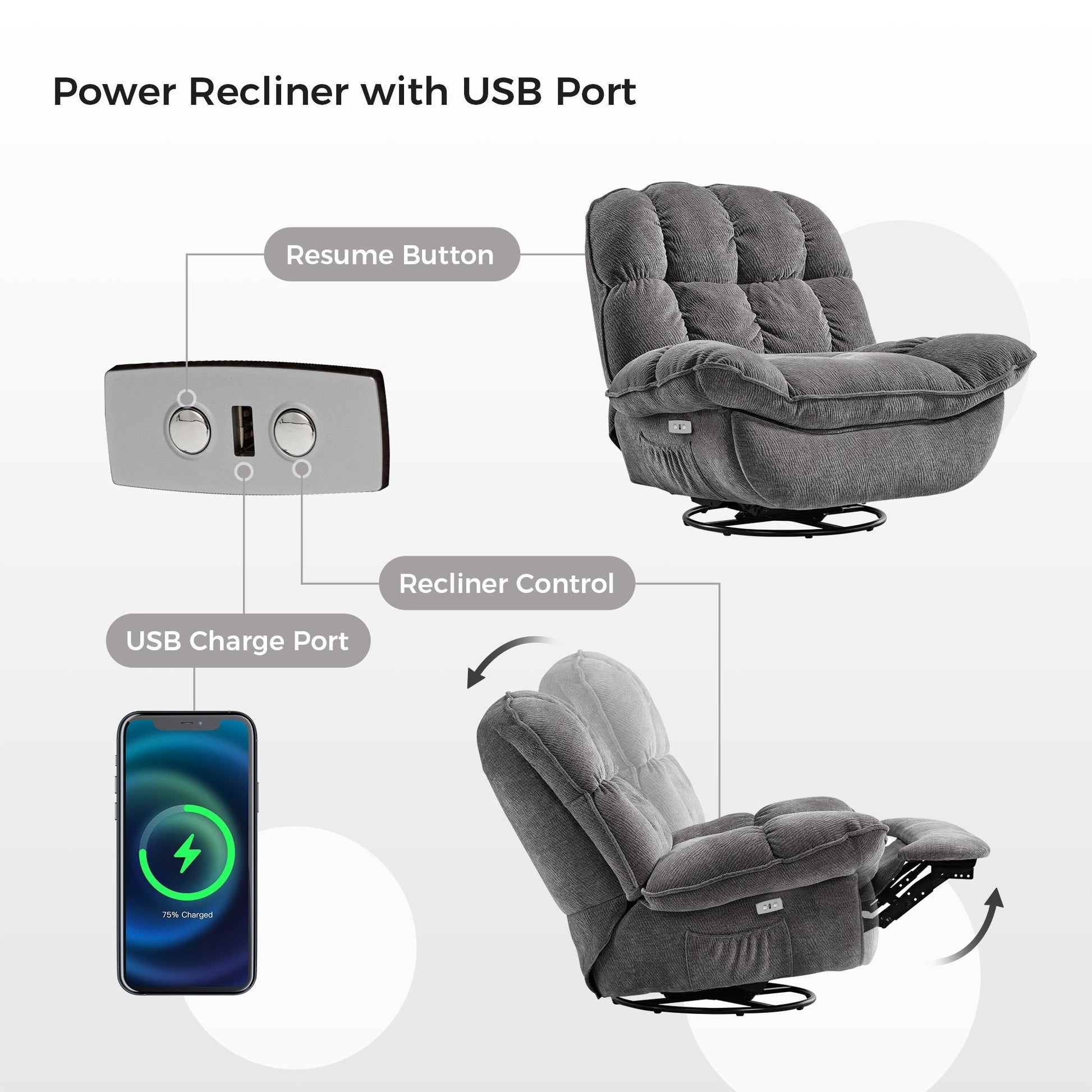 Grayson, Electric Recliner Chair Rocking Swivel with Storage