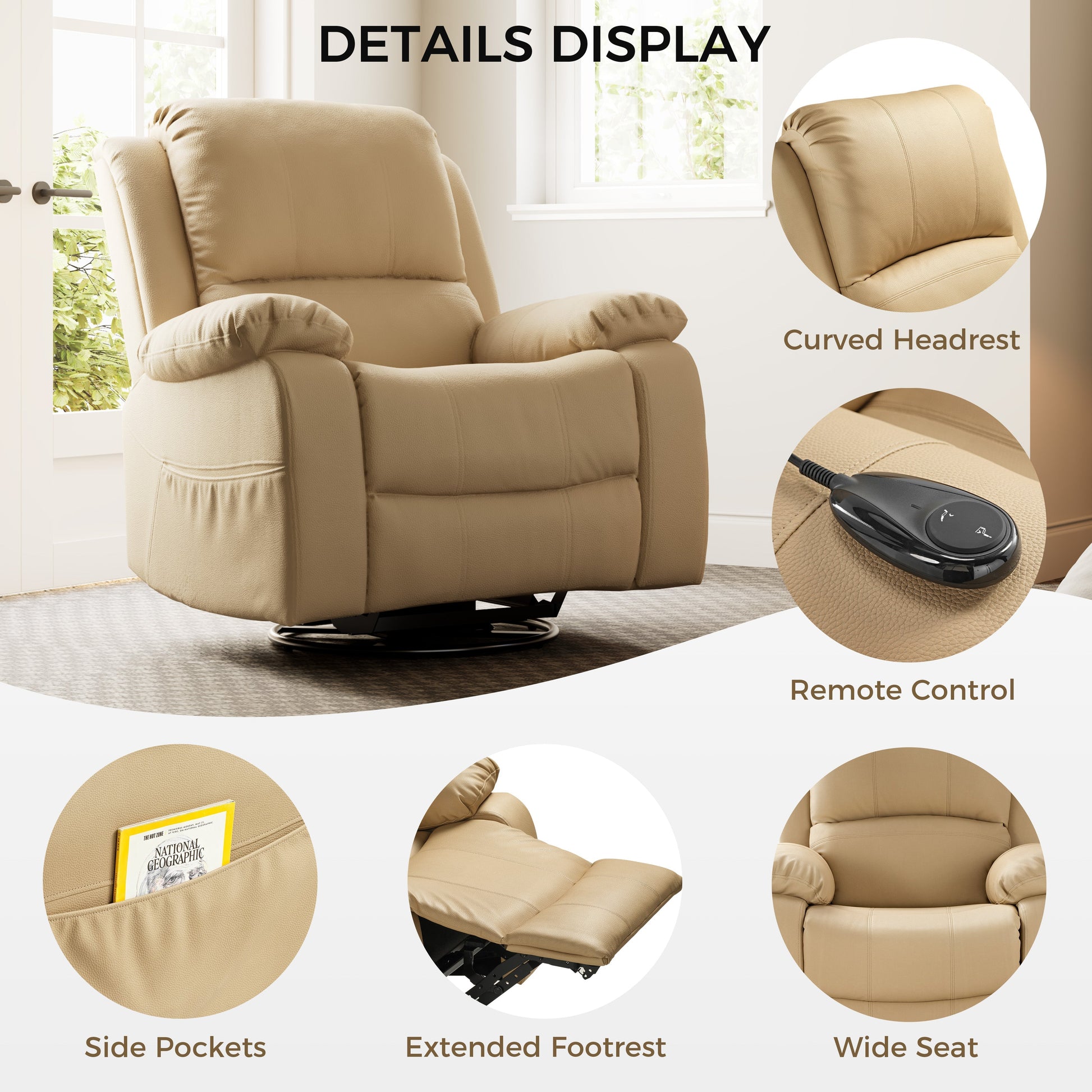 BRONZE BEIGE PRO,Electric Recliner Chair Rocking Swivel Single