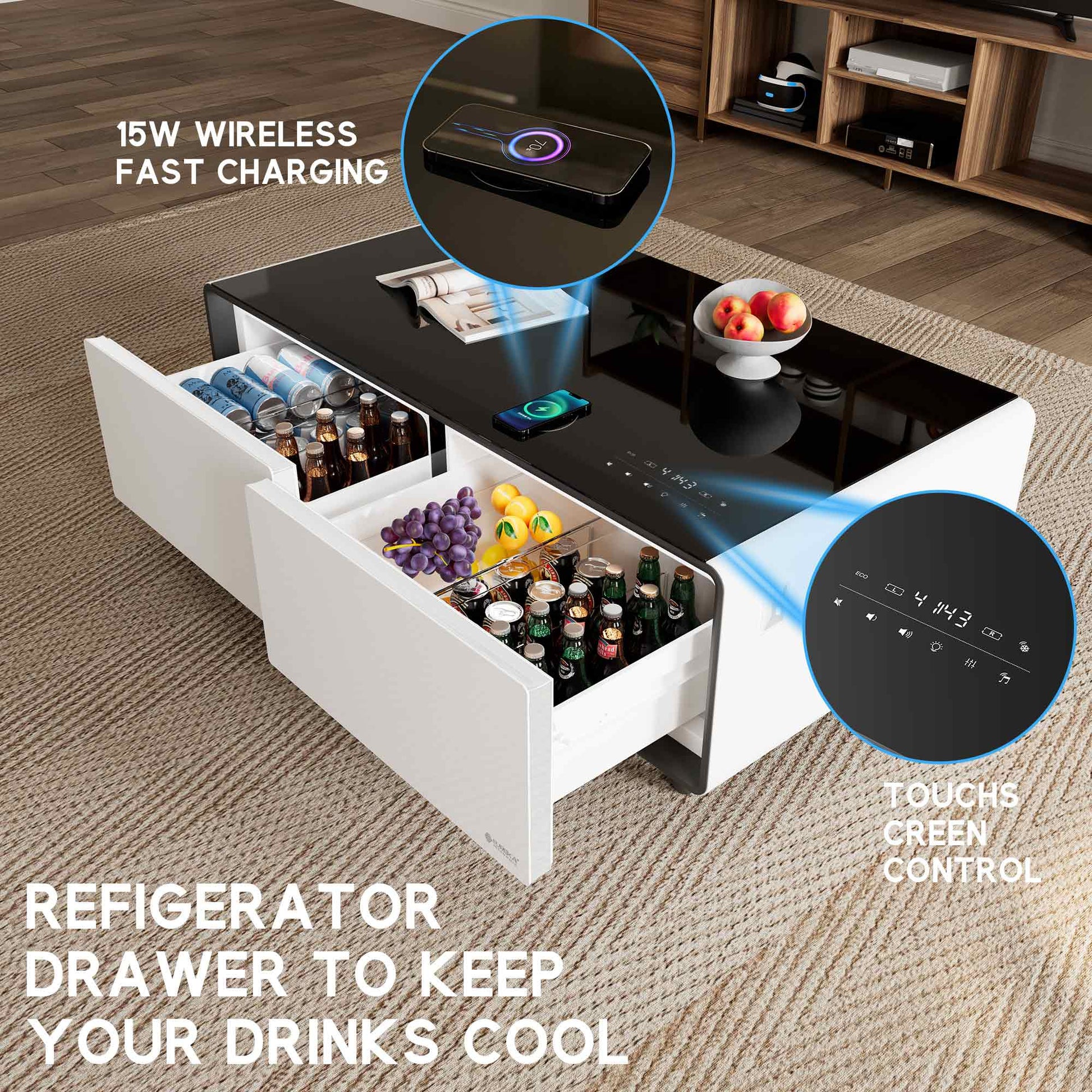 51" Smart Coffee Table with Fridge and Bluetooth Speakers