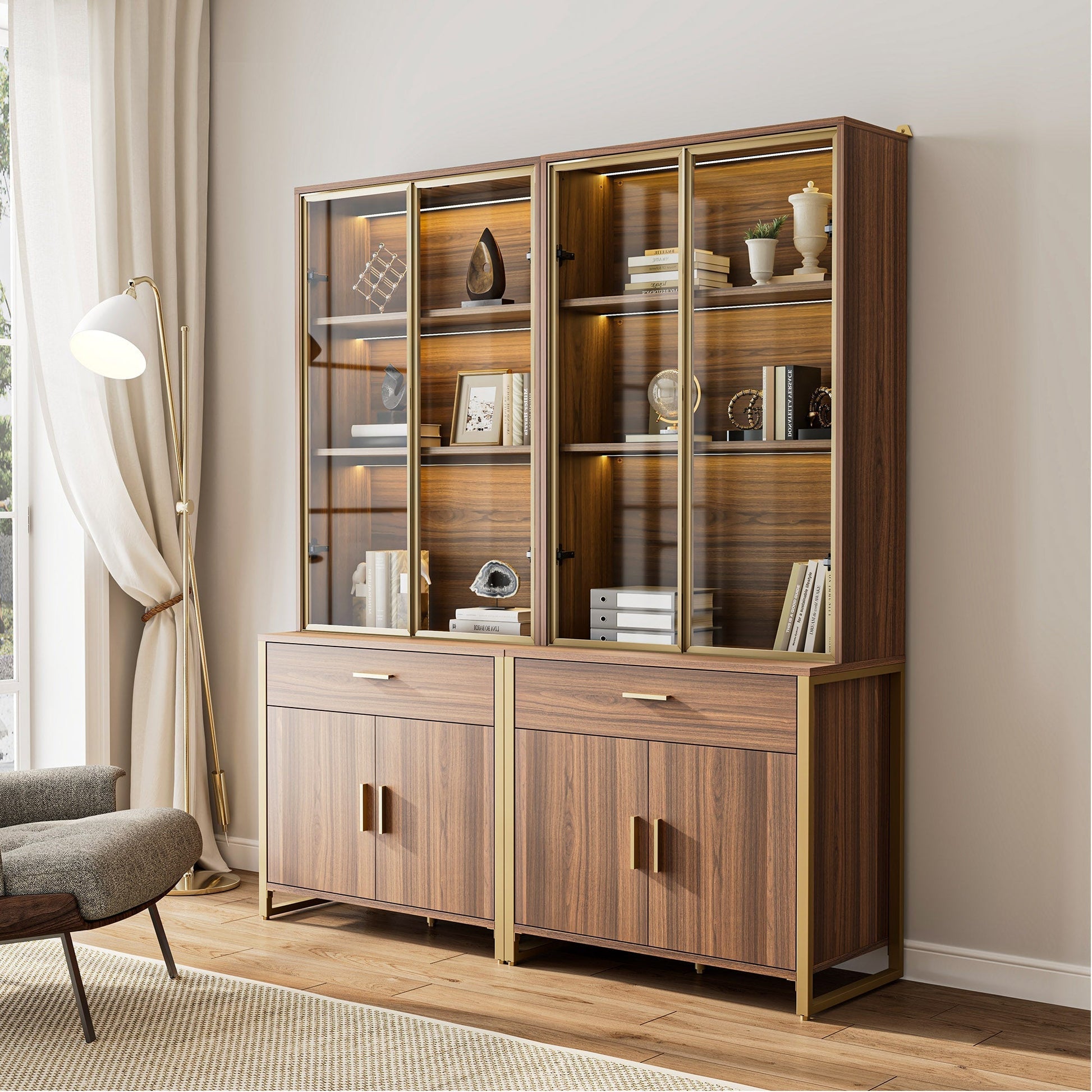 77'' Display Bookshelf with Glass Door and Storage Cabinets, Walnut