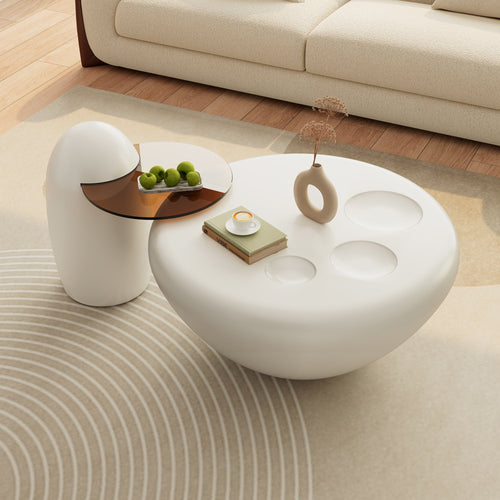 33" White Cat Claw Round Coffee Table With Penguin Side Table Set