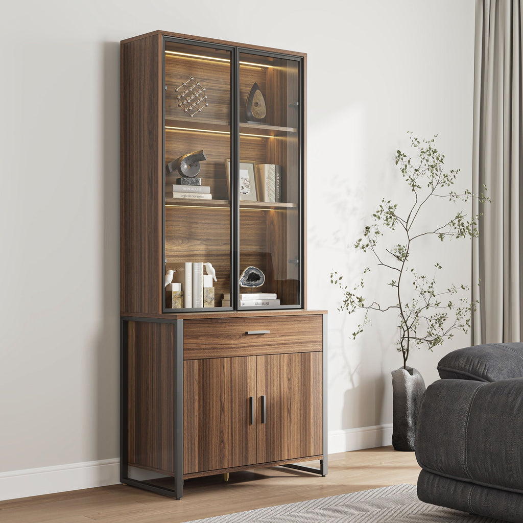 77'' Display Bookshelf with Glass Door and Storage Cabinets, Walnut