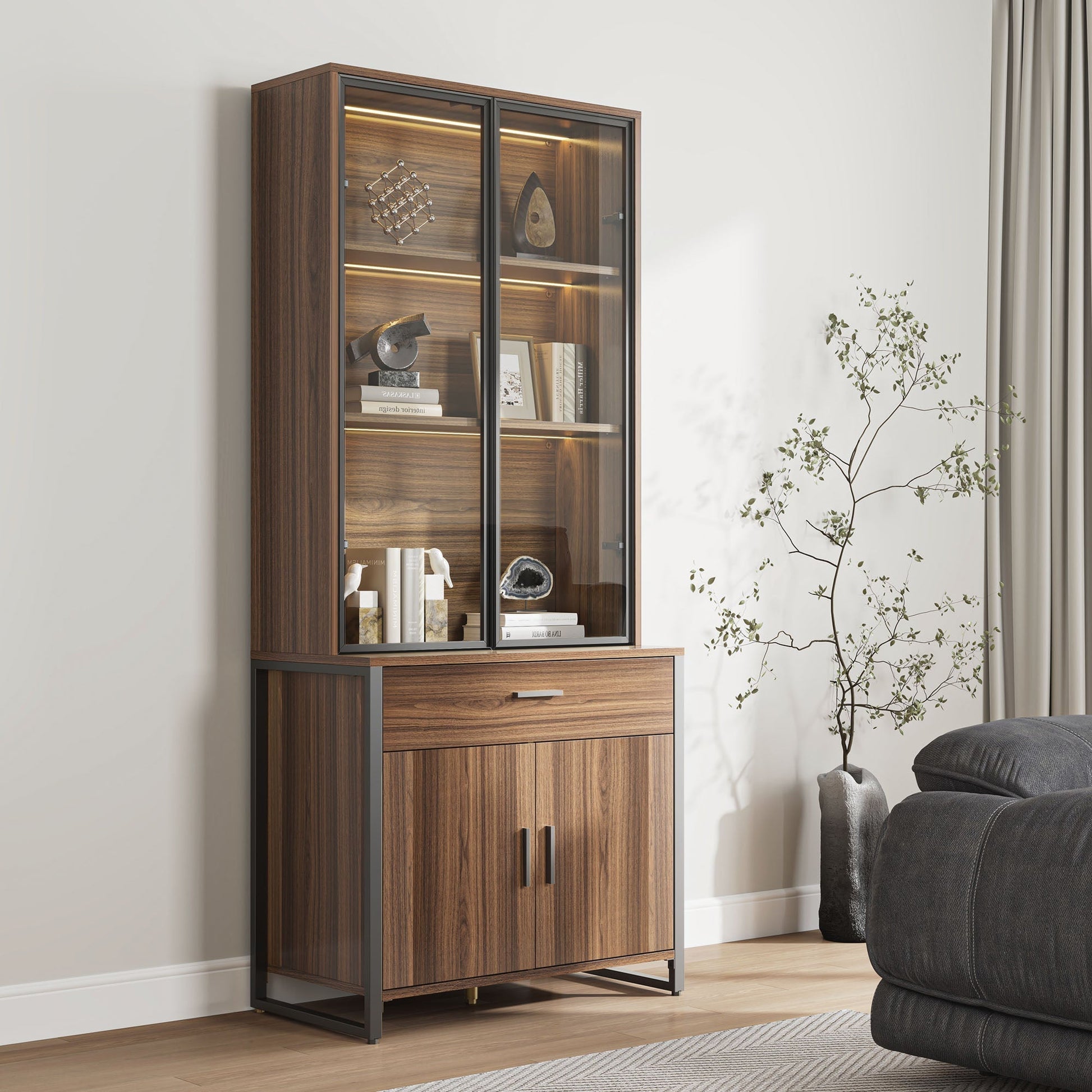 77'' Display Bookshelf with Glass Door and Storage Cabinets, Walnut