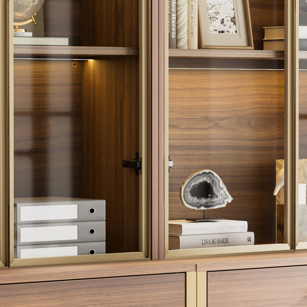 77'' Display Bookshelf with Glass Door and Storage Cabinets, Walnut