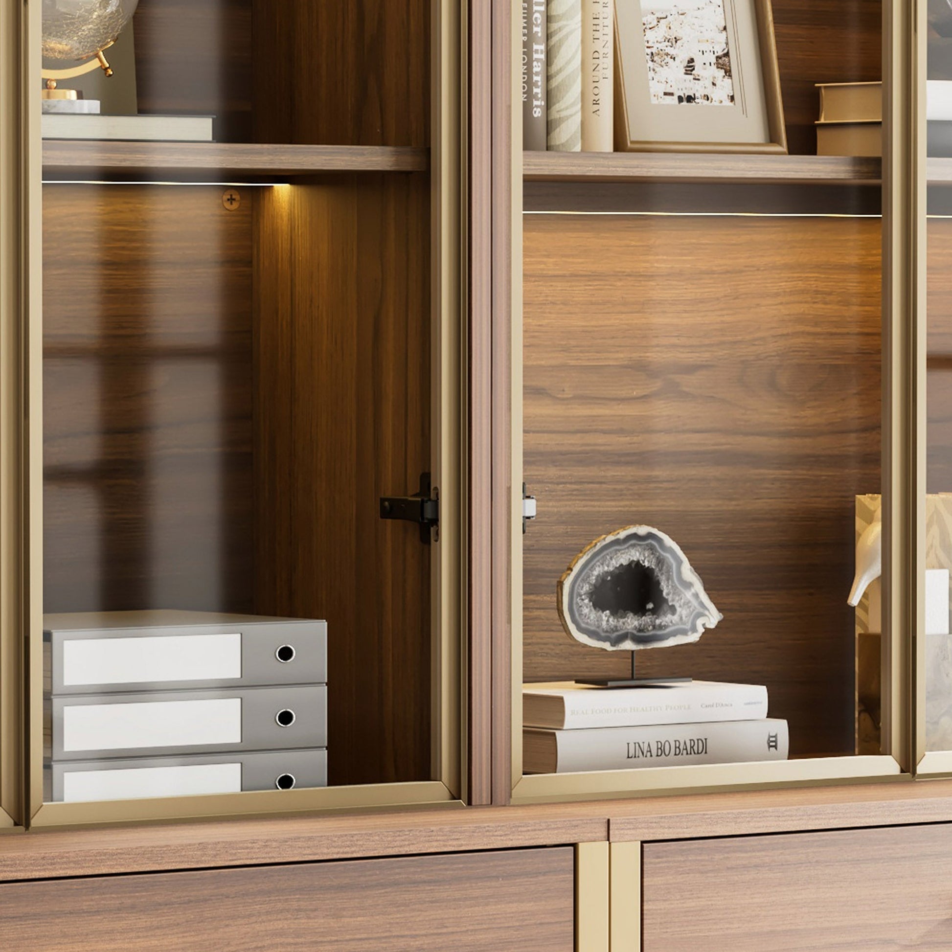 77'' Display Bookshelf with Glass Door and Storage Cabinets, Walnut