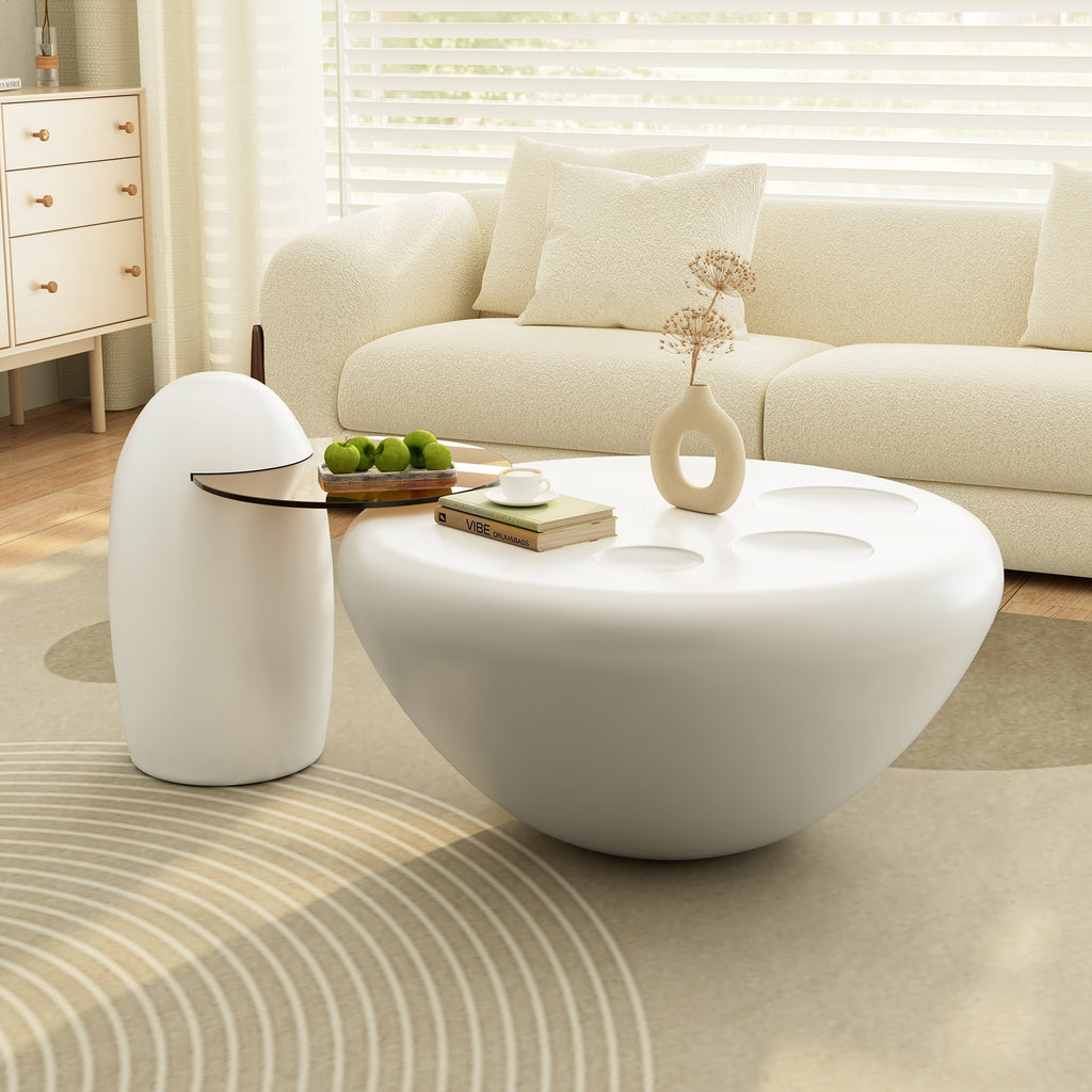 33" White Cat Claw Round Coffee Table With Penguin Side Table Set