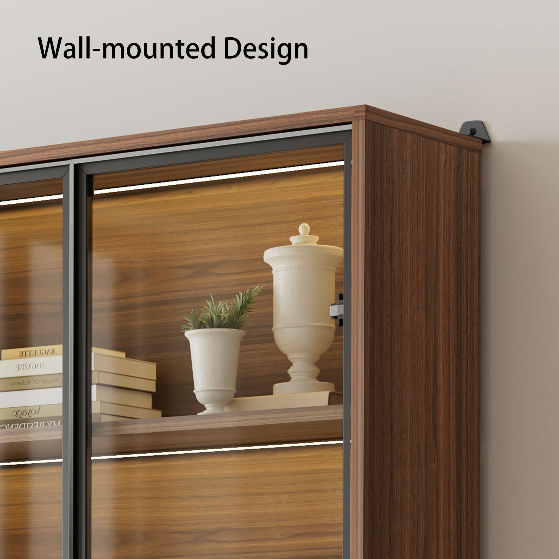 77'' Display Bookshelf with Glass Door and Storage Cabinets, Walnut