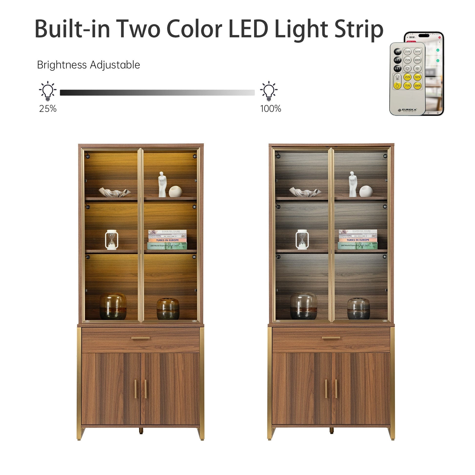 77'' Display Bookshelf with Glass Door and Storage Cabinets, Walnut