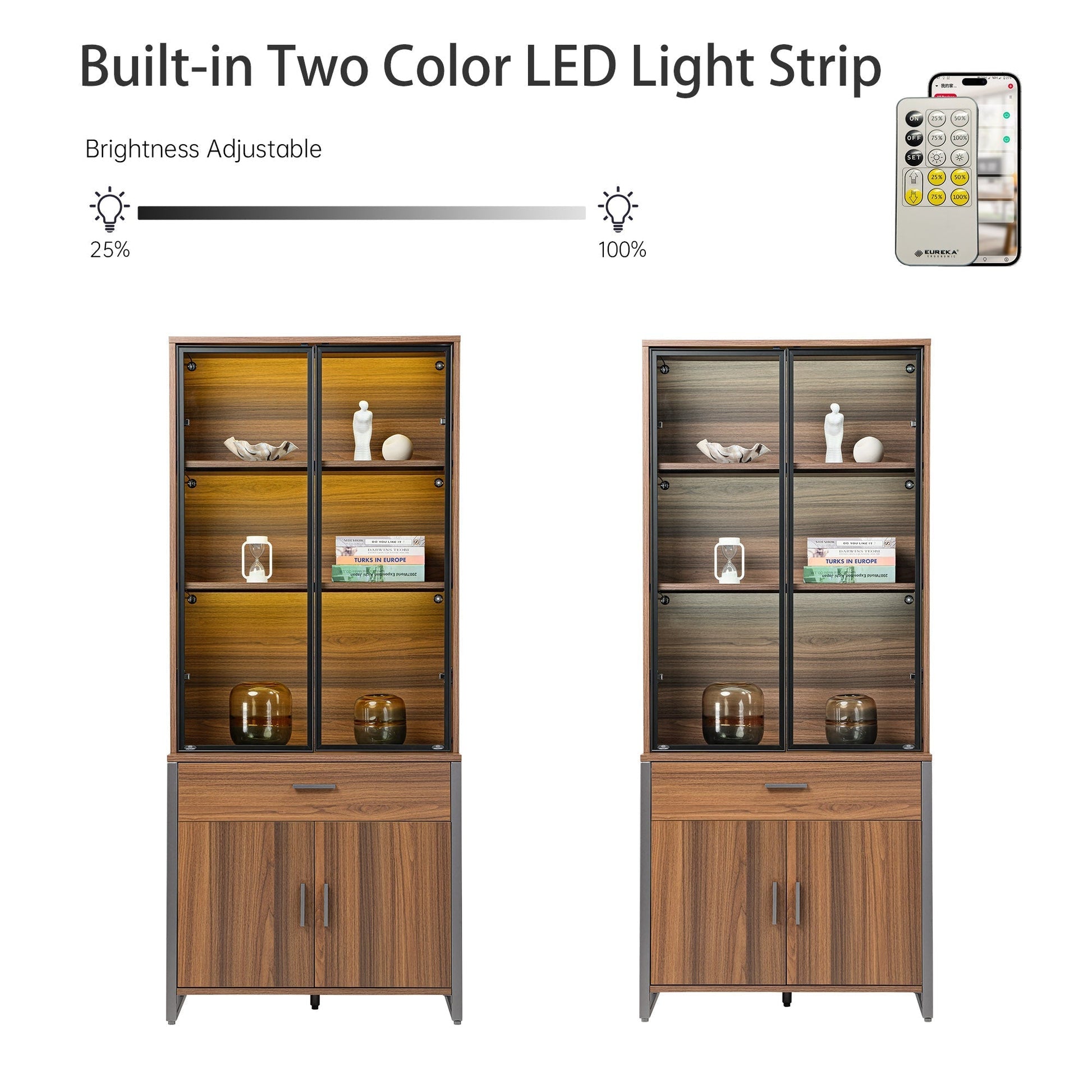 77'' Display Bookshelf with Glass Door and Storage Cabinets, Walnut