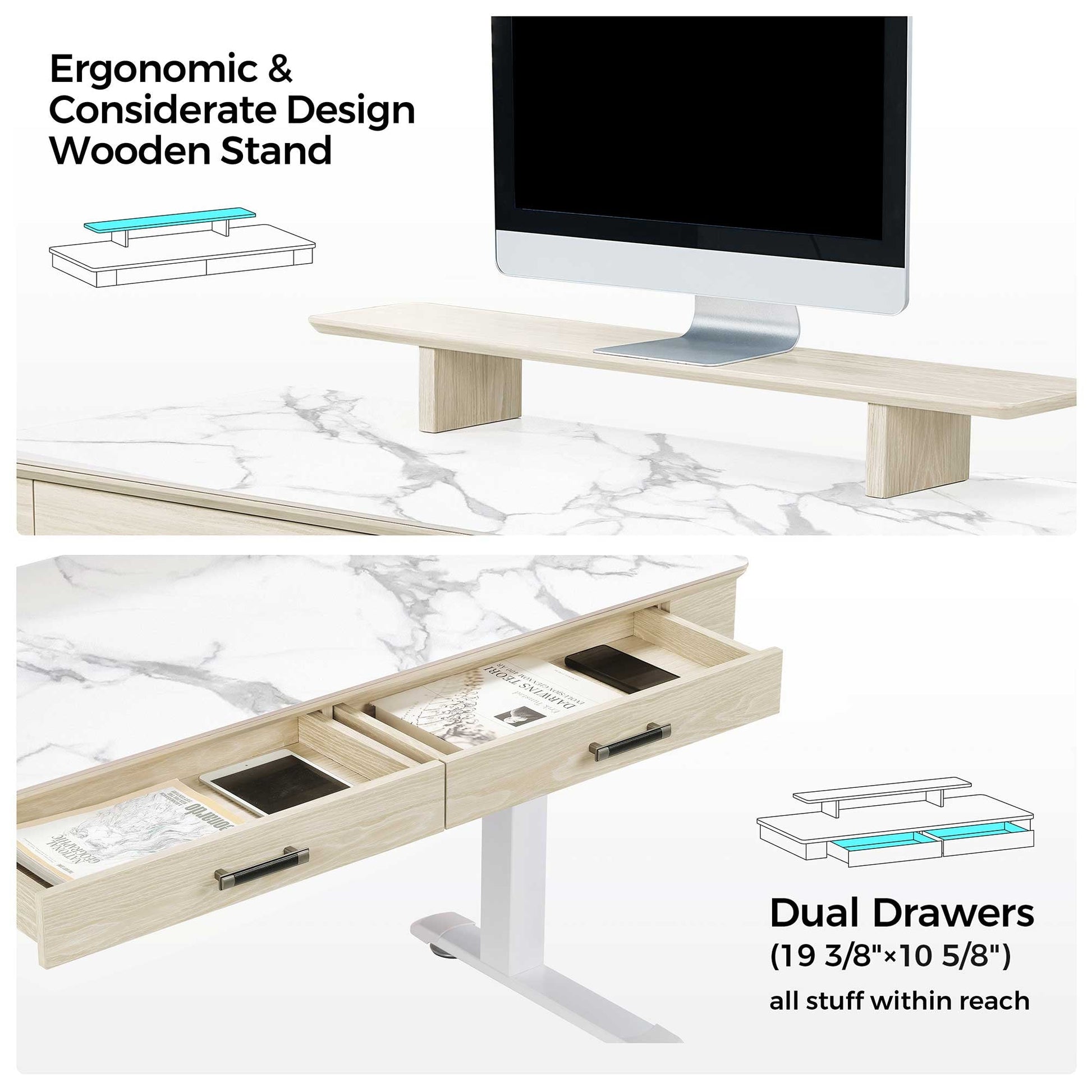George, 55x23 Slate Standing Desk, Artificial Marble Desktop