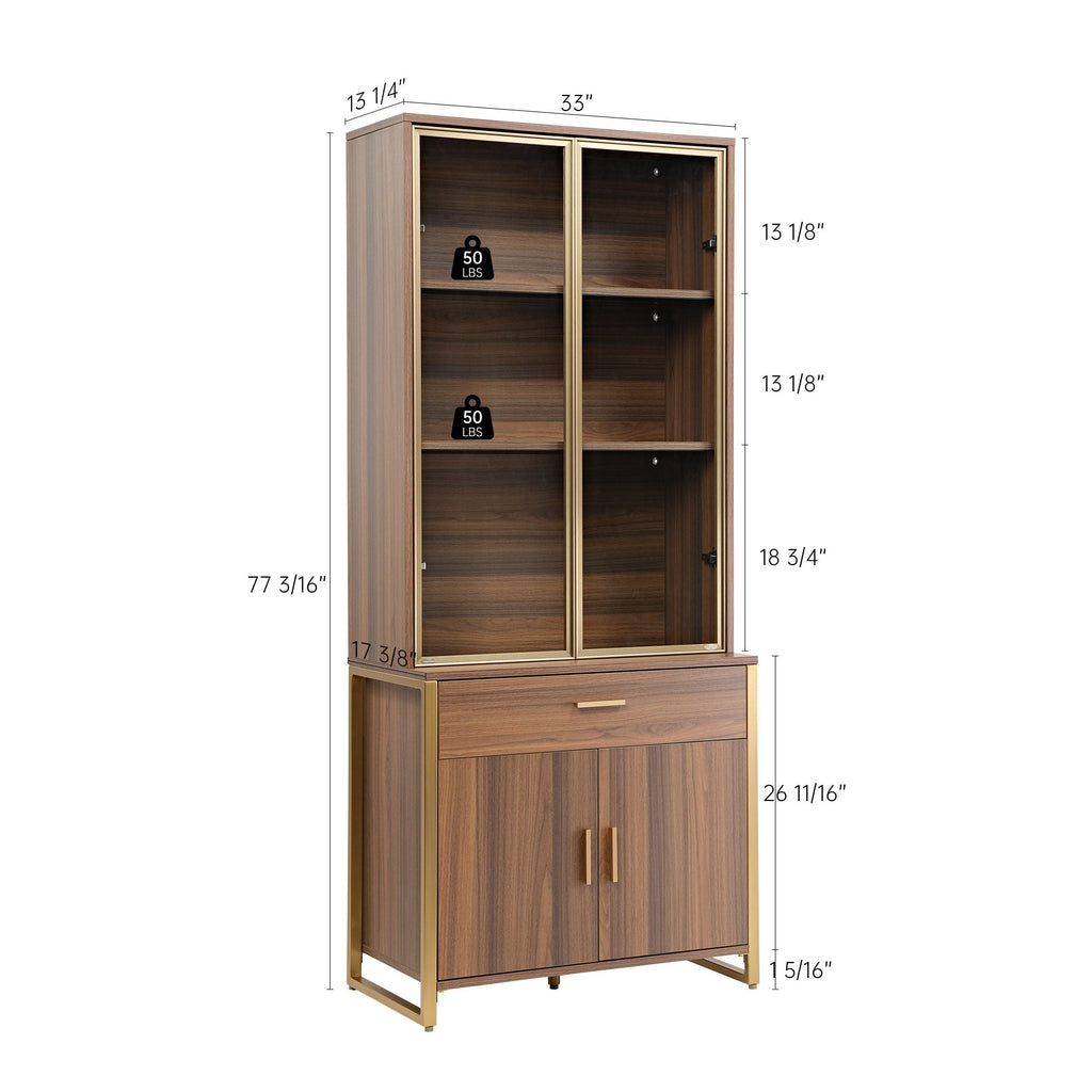 77'' Display Bookshelf with Glass Door and Storage Cabinets, Walnut