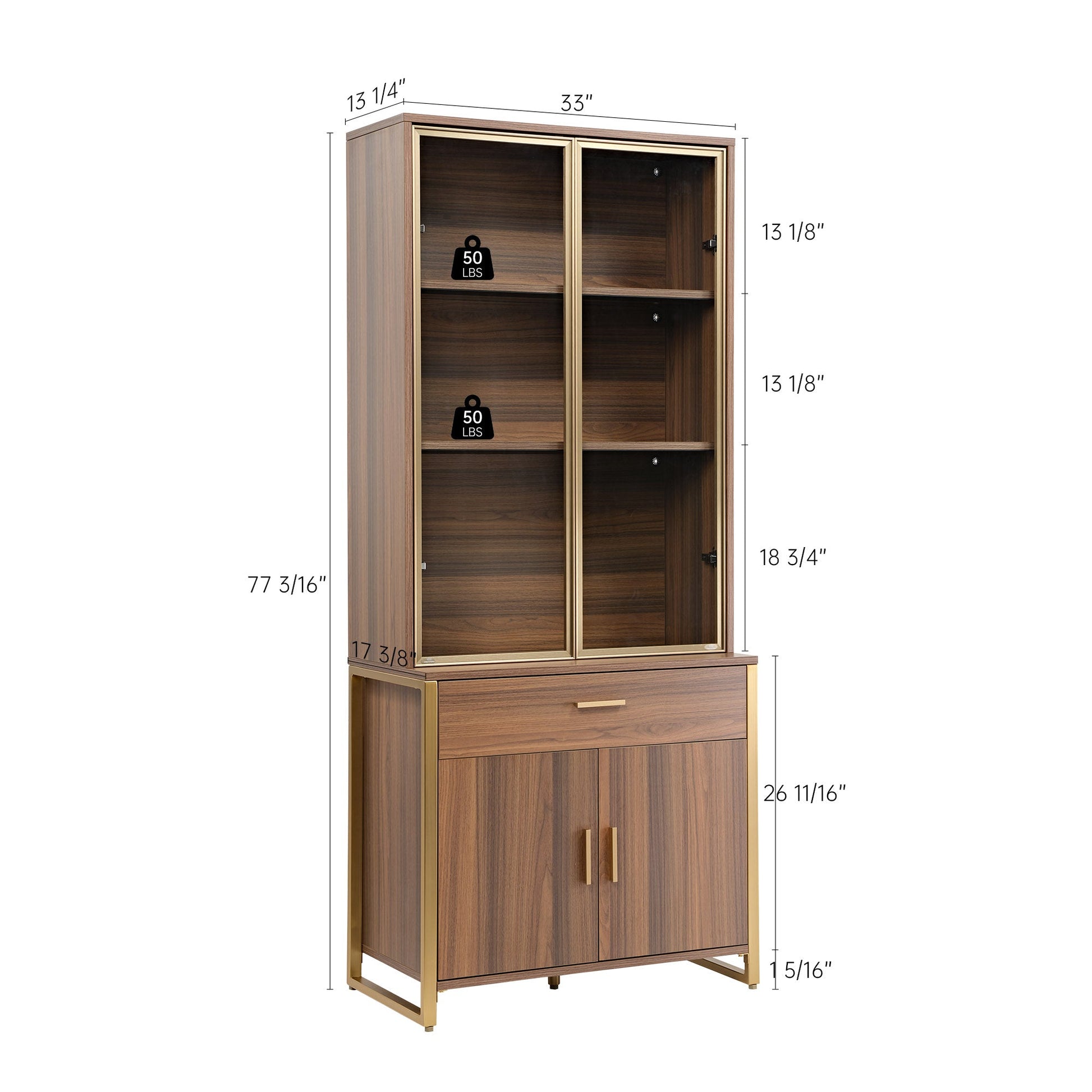 77'' Display Bookshelf with Glass Door and Storage Cabinets, Walnut