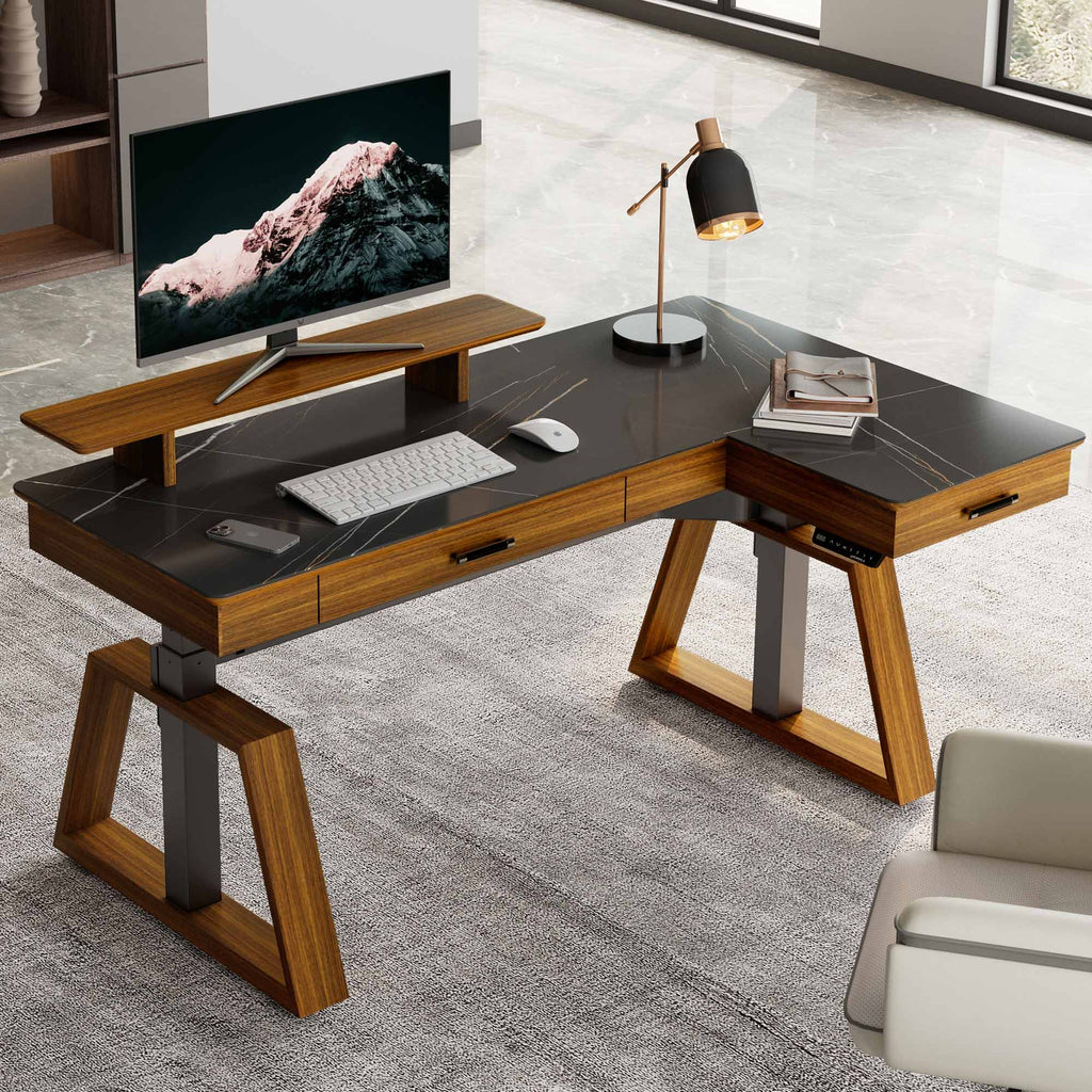 Ark L60, 63x23 L Shaped Executive Slate Standing Desk with Two-Drawer