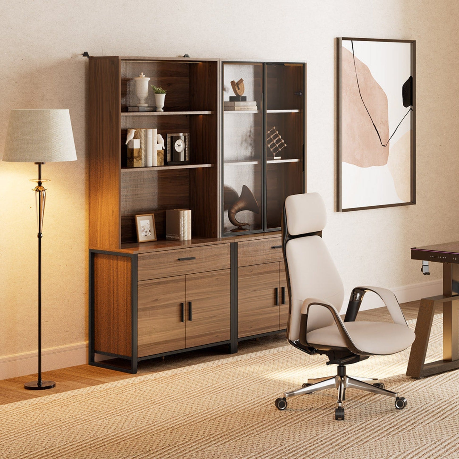 77'' Display Bookshelf with Glass Door and Storage Cabinets, Walnut