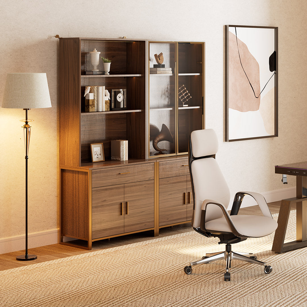77'' Display Bookshelf with Glass Door and Storage Cabinets, Walnut
