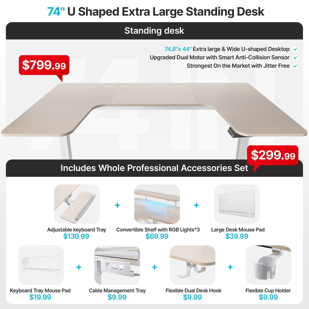 74x23 U-Shaped Standing Desk with Accessories Set